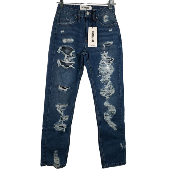 refuge Denim - Refuge Denim Boyfriend Mid Rise Distressed Jean, Women's Size 0 - Blue